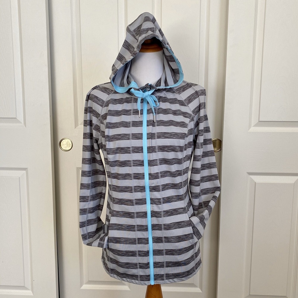 Lukka Gray Charcoal Striped Full Zip Hoodie Jacket Thumbholes Blue Trim Sz L